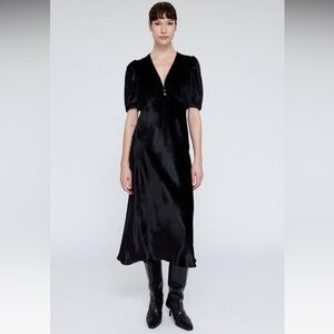 Raquel Allegra Velvet Bella Puff-Sleeve Midi Dress Black Bias Cut, Size XS, NWT